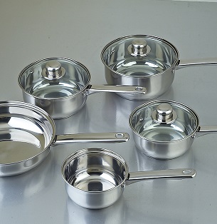 a selection of stainless steel pans