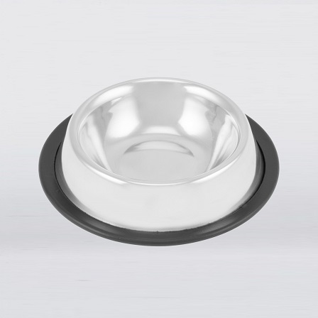 Silver dog bowl with a black rubber floor ring on a white background