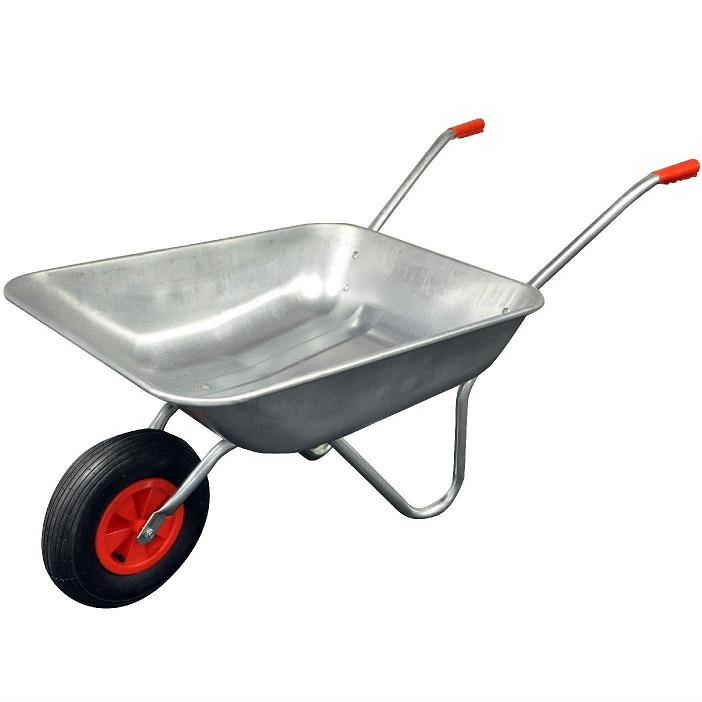 Silver coloured galvanised wheelbarrow with red handles and a red wheel